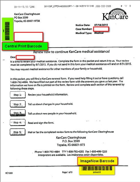 Screenshot of a KanCare Clearinghouse document that has all the personal information redacted. The Central Print Barcode is highlighted and labeled on the top left margin of the paper. The ImageNow Barcode is highlighted at the bottom right corner of the paper.
