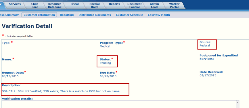 Screenshot of the Verification Detail page with red boxes around the Source, Status and Description fields.