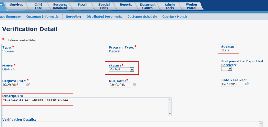 Screenshot of the Verification Detail page with boxes around the Source, Status and Description fields.