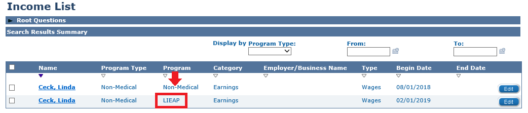 Image of Income List page with LIEAP selected.