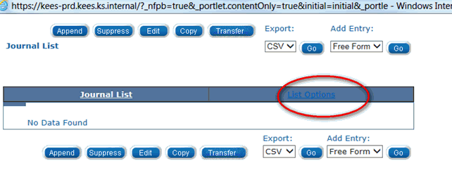 Screenshot of the Journal List page with the List Options link circled in red.