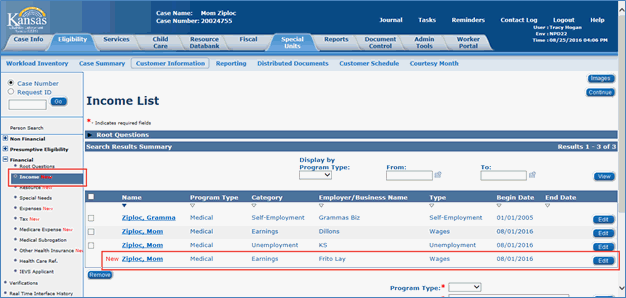 Screenshot of the Income List page.