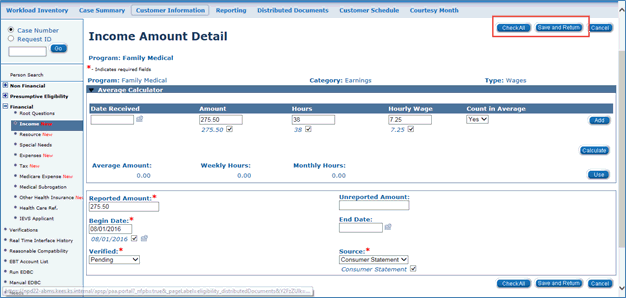 Screenshot of the Income Amount Detail page.