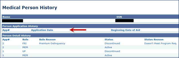 Screenshot of the Medical person History page with a red arrow pointing to the Application Date column.