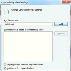 Screenshot of the Change Compatibility View Settings with ks.internal in the field.