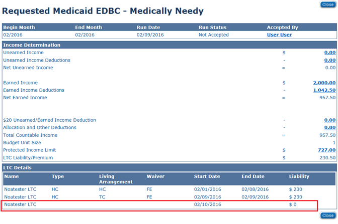 Screenshot of the Requested Medicaid EDBC - Medically Needy page with a $0 liability displayed for the Start date 2/10/2016.
