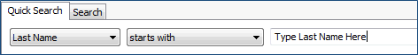 Image of the Quick Search tab selected with Last Name as the value in the drop-down menu, also displays the value of "starts with" as the second drop-down menu available.