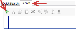 Image of the Search tab selected with a red arrow pointing to it, and another red arrow pointing to the green plus sign.