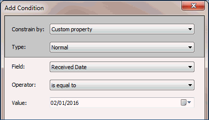 Image of the Add Condition window with values selected as depicted in Step 7.