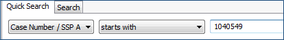 Photo of the Quick Search tab, with Case Number/SSP A selected in the first drop-down and "starts with" selected in the second drop-down, the editable field has a case number entered.