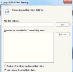 Screenshot of the Compatibility View Settings pop up window.