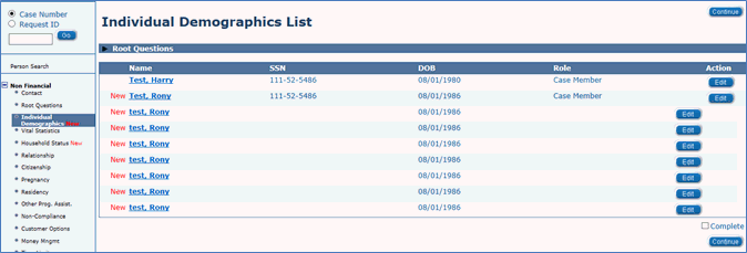 Screenshot of the Individual Demographics page.