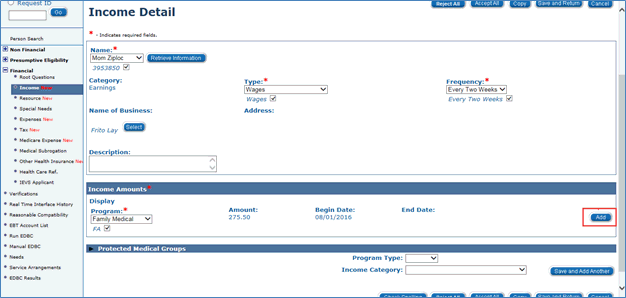 Screenshot of the Income Detail page.